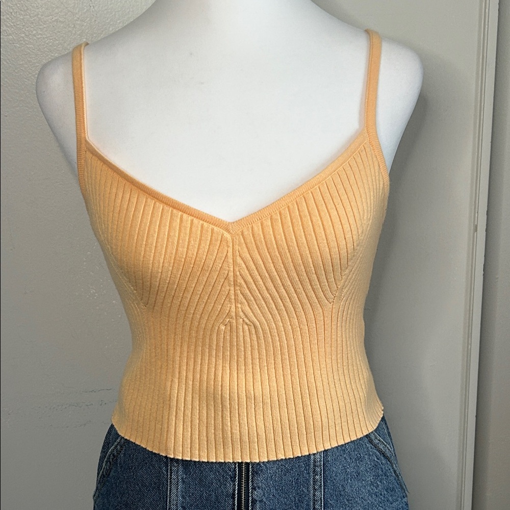RCVA Ribbed Silhouette Knitted Crop Sweater Tank Spaghetti Straps- Peach